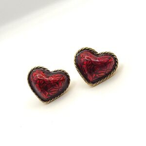 Avon‎ Red Enamel Floral Heart Stud Earrings Gold Tone Rope Border Vintage